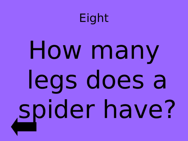 Eight How many legs does a spider have? 
