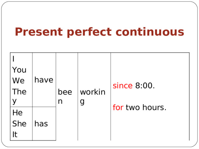 Present perfect continuous I You We They have He She It been has working since 8:00. for two hours. 