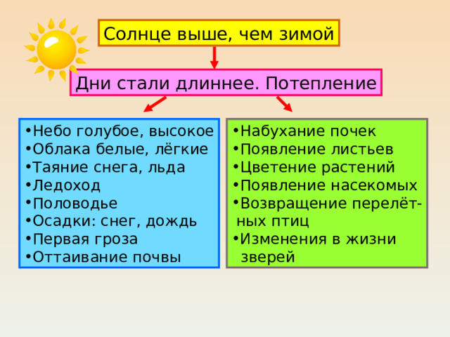 Солнце выше, чем зимой Дни стали длиннее. Потепление Небо голубое, высокое Облака белые, лёгкие Таяние снега, льда Ледоход Половодье Осадки: снег, дождь Первая гроза Оттаивание почвы Набухание почек Появление листьев Цветение растений Появление насекомых Возвращение перелёт-  ных птиц Изменения в жизни  зверей 