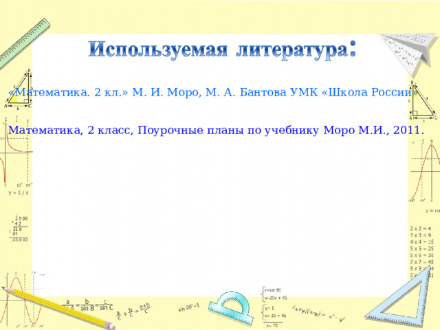 «Математика. 2 кл.» М. И. Моро, М. А. Бантова УМК «Школа России»  Математика, 2 класс, Поурочные планы по учебнику Моро М.И., 2011. 