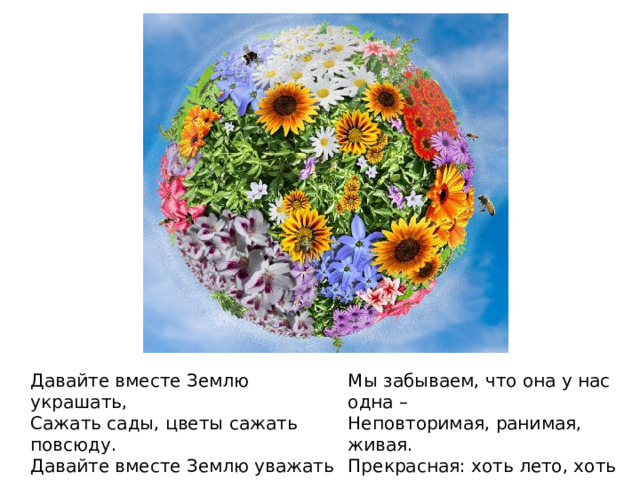 Мы забываем, что она у нас одна –  Неповторимая, ранимая, живая.  Прекрасная: хоть лето, хоть зима…  Она у нас одна, одна такая! Давайте вместе Землю украшать,  Сажать сады, цветы сажать повсюду.  Давайте вместе Землю уважать  И относиться с нежностью, как к чуду! 