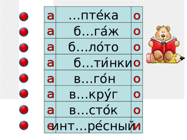 … пте ́ ка  б…га ́ ж б…ло ́ то  б…ти ́ нки  в…го ́ н в…кру ́ г в…сто ́ к инт…ре ́ сный 
