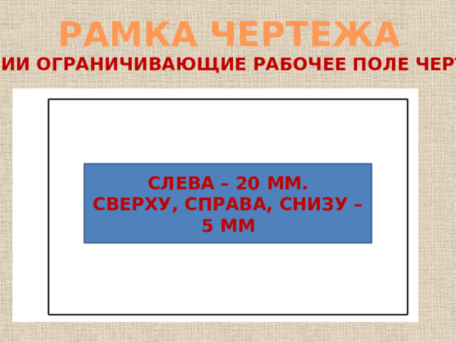 РАМКА ЧЕРТЕЖА ЛИНИИ ОГРАНИЧИВАЮЩИЕ РАБОЧЕЕ ПОЛЕ ЧЕРТЕЖА СЛЕВА – 20 ММ. СВЕРХУ, СПРАВА, СНИЗУ – 5 ММ 