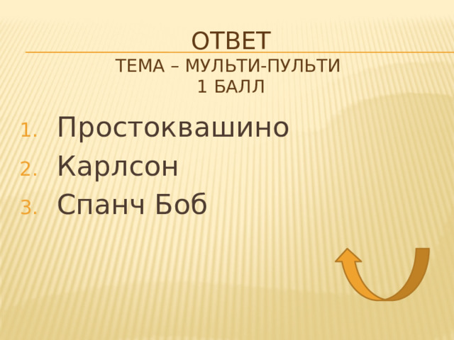 Ответ  тема – мульти-пульти  1 балл Простоквашино Карлсон Спанч Боб 