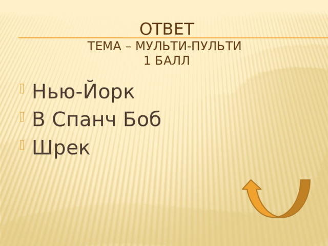 Ответ  тема – мульти-пульти  1 балл Нью-Йорк В Спанч Боб Шрек 