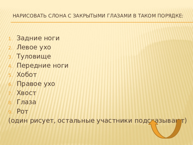 Нарисовать слона с закрытыми глазами в таком порядке:   Задние ноги Левое ухо Туловище Передние ноги Хобот Правое ухо Хвост Глаза Рот (один рисует, остальные участники подсказывают) 