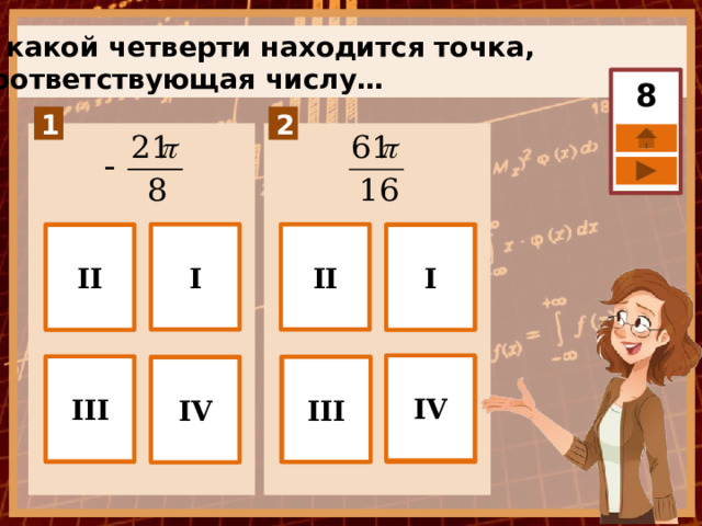 В какой четверти находится точка, соответствующая числу… 8 II I I II IV III III IV 