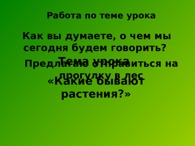 Работа по теме урока Как вы думаете, о чем мы сегодня будем говорить?  Тема урока «Какие бывают растения?» Предлагаю отправиться на прогулку в лес  