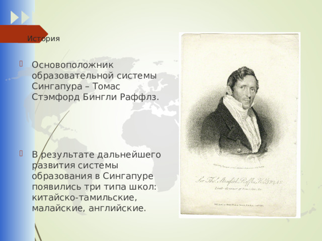 История Основоположник образовательной системы Сингапура – Томас Стэмфорд Бингли Раффлз. В результате дальнейшего развития системы образования в Сингапуре появились три типа школ: китайско-тамильские, малайские, английские . 