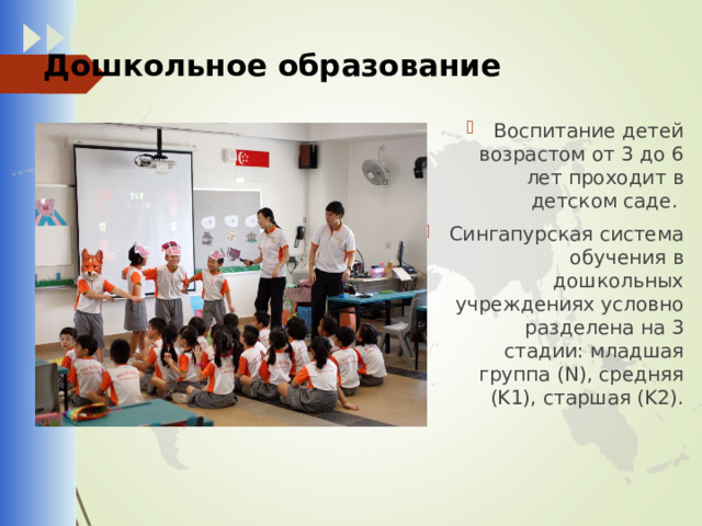 Дошкольное образование Воспитание детей возрастом от 3 до 6 лет проходит в детском саде. Сингапурская система обучения в дошкольных учреждениях условно разделена на 3 стадии: младшая группа (N), средняя (K1), старшая (K2). 