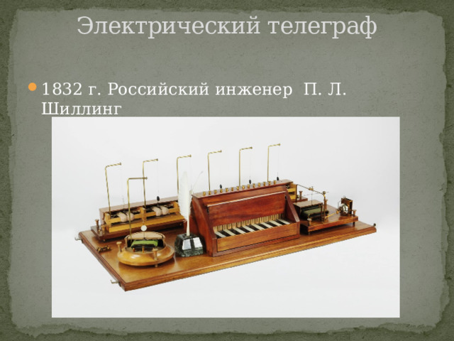 Электрический телеграф   1832 г. Российский инженер П. Л. Шиллинг 