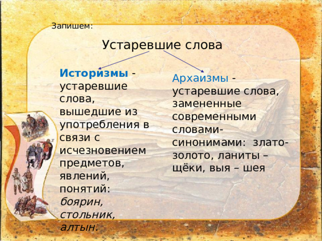 Запишем: Устаревшие слова Историзмы  - устаревшие слова, вышедшие из употребления в связи с исчезновением предметов, явлений, понятий: боярин, стольник, алтын. Архаизмы - устаревшие слова, замененные современными словами- синонимами: злато-золото, ланиты – щёки, выя – шея 