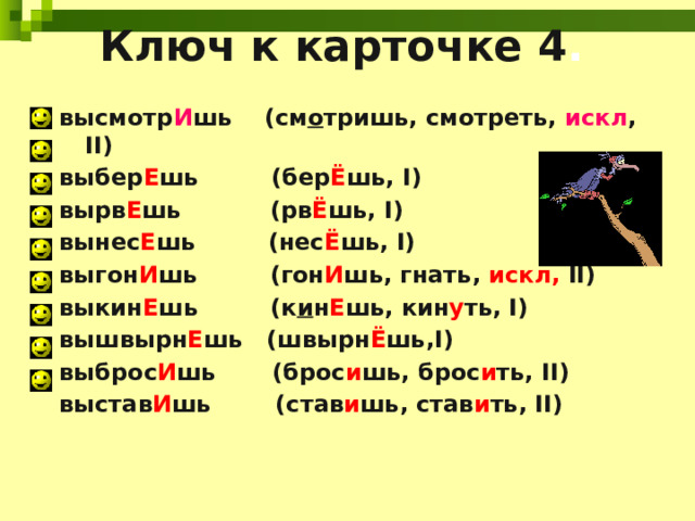Ключ к карточке 4 . высмотр И шь  (см о тришь, смотреть, искл , II) выбер Е шь (бер Ё шь, I) вырв Е шь (рв Ё шь, I) вынес Е шь (нес Ё шь, I) выгон И шь (гон И шь, гнать, искл, II) выкин Е шь (к и н Е шь, кин у ть, I) вышвырн Е шь (швырн Ё шь,I) выброс И шь (брос и шь, брос и ть, II) выстав И шь (став и шь, став и ть, II) 