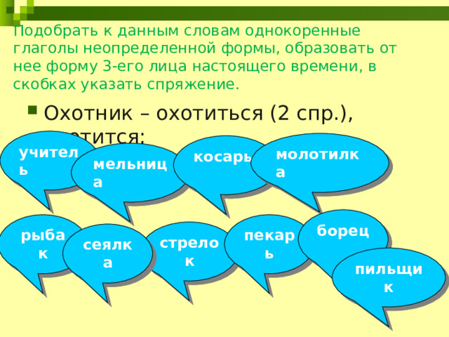 Подобрать к данным словам однокоренные глаголы неопределенной формы, образовать от нее форму 3-его лица настоящего времени, в скобках указать спряжение. Охотник – охотиться (2 спр.), охотится; учитель молотилка косарь мельница борец рыбак пекарь стрелок сеялка пильщик  