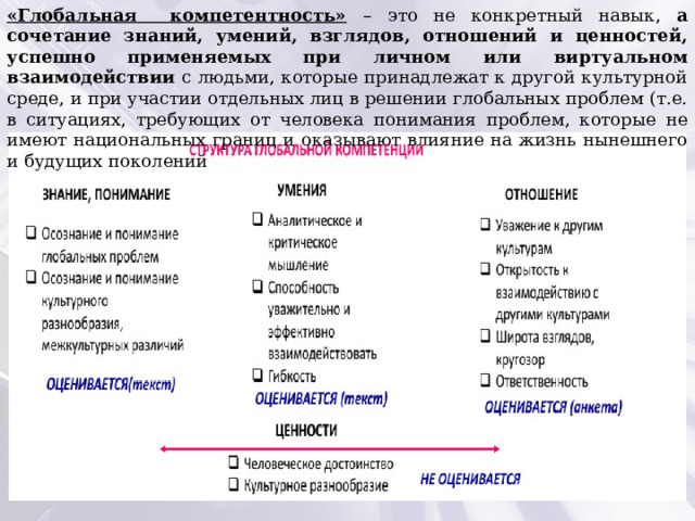 «Глобальная компетентность»  – это не конкретный навык, а сочетание знаний, умений, взглядов, отношений и ценностей, успешно применяемых при личном или виртуальном взаимодействии с людьми, которые принадлежат к другой культурной среде, и при участии отдельных лиц в решении глобальных проблем (т.е. в ситуациях, требующих от человека понимания проблем, которые не имеют национальных границ и оказывают влияние на жизнь нынешнего и будущих поколений 