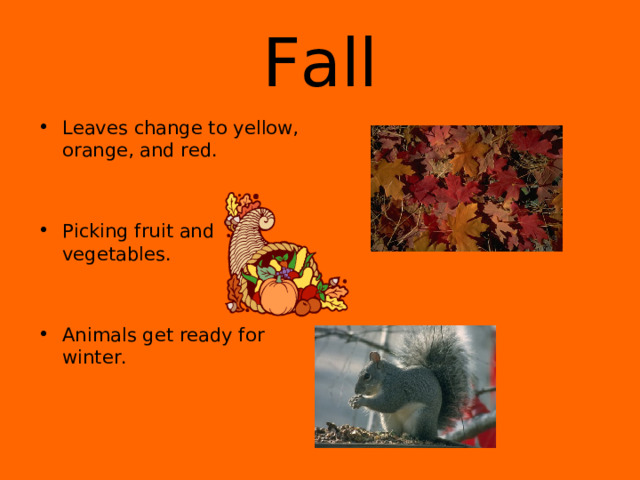 Fall Leaves change to yellow, orange, and red.   Picking fruit and vegetables.   Animals get ready for winter.  
