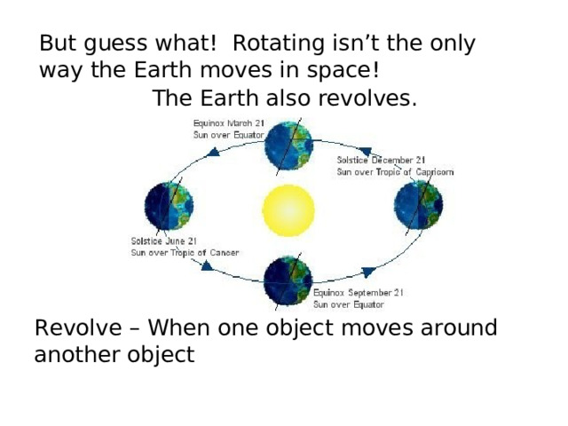 But guess what! Rotating isn’t the only way the Earth moves in space! The Earth also revolves. Revolve – When one object moves around another object 