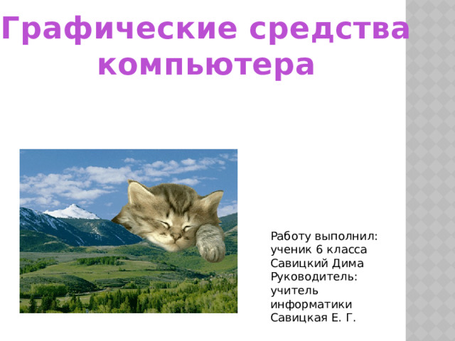 Графические средства компьютера Работу выполнил: ученик 6 класса Савицкий Дима Руководитель: учитель информатики Савицкая Е. Г. 