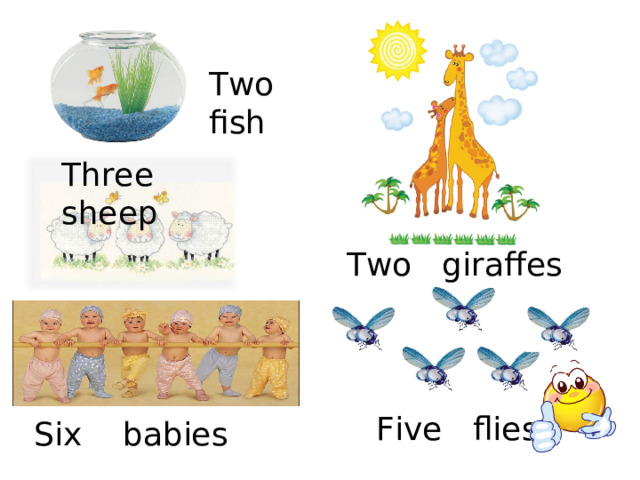 Two  fish Three  sheep Two giraffes Five flies Six babies 