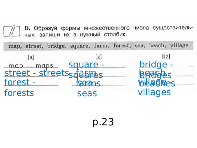 square - squares bridge - bridges farm - farms beach - beaches street - streets village - villages forest - forests sea - seas p.23 