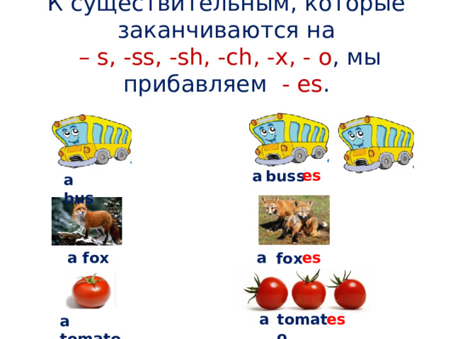 К существительным, которые заканчиваются на  – s, -ss, -sh, -ch, -x, - o , мы прибавляем - es .   es buss a a bus a fox a es fox a tomato es a tomato 