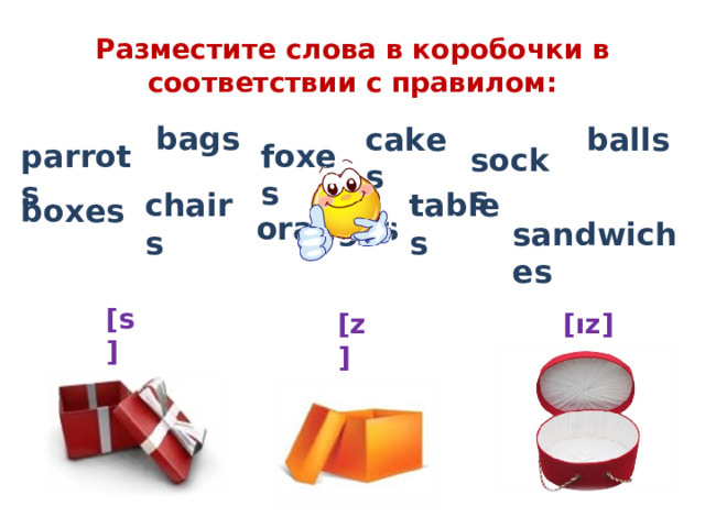 Разместите слова в коробочки в соответствии с правилом: bags balls cakes foxes parrots socks chairs tables boxes oranges sandwiches [s] [z] [ız] 