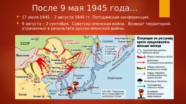 После 9 мая 1945 года… 17 июля 1945 – 2 августа 1945 гг. Потсдамская конференция. 9 августа – 2 сентября. Советско-японская война. Возврат территорий, утраченных в результате русско-японской войны. 