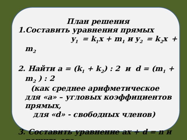 План решения Составить уравнения прямых  y 1 = k 1 x + m 1 и y 2 = k 2 x  + m 2  2. Hайти а = (k 1 + k 2 ) : 2 и d = (m 1 + m 2 ) : 2  (как среднее арифметическое для «а» – угловых коэффициентов прямых,  для «d» - свободных членов)  3. Cоставить уравнение ax + d = n и решить его.   