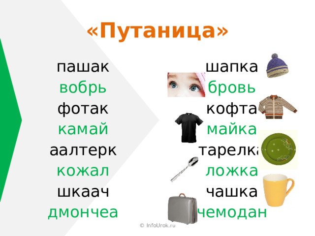 «Путаница» пашак шапка вобрь бровь фотак кофта камай майка аалтерк тарелка ложка кожал чашка шкаач чемодан дмончеа © InfoUrok.ru 
