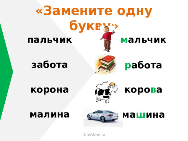 «Замените одну букву» пальчик м альчик забота р абота корона коро в а малина ма ш ина © InfoUrok.ru 