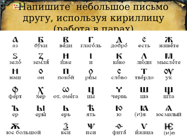 Напишите небольшое письмо другу, используя кириллицу (работа в парах) 