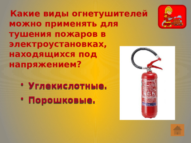 Какие виды огнетушителей можно применять для тушения пожаров в электроустановках, находящихся под напряжением?  Углекислотные.  Порошковые. 