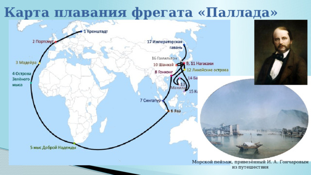 Карта плавания фрегата «Паллада» Морской пейзаж, привезённый И. А. Гончаровым  из путешествия 