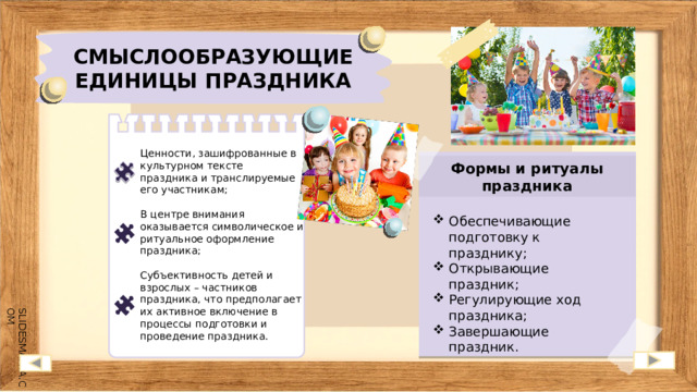 СМЫСЛООБРАЗУЮЩИЕ ЕДИНИЦЫ ПРАЗДНИКА Ценности, зашифрованные в культурном тексте праздника и транслируемые его участникам; В центре внимания оказывается символическое и ритуальное оформление праздника; Субъективность детей и взрослых – частников праздника, что предполагает их активное включение в процессы подготовки и проведение праздника. Формы и ритуалы праздника Обеспечивающие подготовку к празднику; Открывающие праздник; Регулирующие ход праздника; Завершающие праздник. 