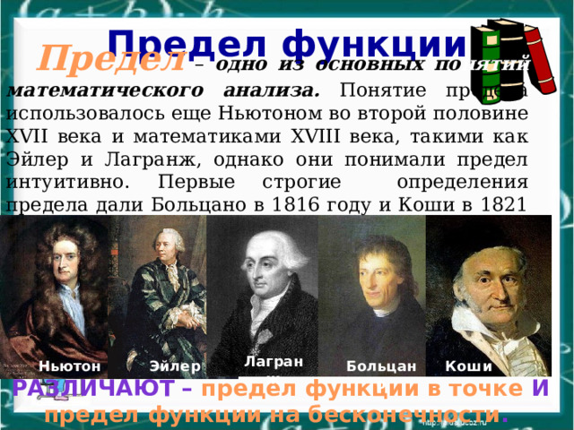 Предел функции Предел – одно из основных по нятий математического анализа. Понятие предела использовалось еще Ньютоном во второй половине XVII века и математиками XVIII века, такими как Эйлер и Лагранж, однако они понимали предел интуитивно. Первые строгие определения предела дали Больцано в 1816 году и Коши в 1821 году. Лагранж Ньютон Эйлер Больцано Коши Различают – предел функции в точке и предел функции на бесконечности . 