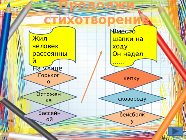 Продолжи стихотворение Вместо шапки на ходу Он надел …… Жил человек рассеянный На улице …… кепку Горького Остоженка сковороду Бассейной бейсболку 