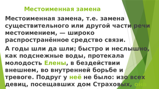 Местоименная замена Местоименная замена, т.е. замена существительного или другой части речи местоимением, — широко распространённое средство связи. А годы шли да шли; быстро и неслышно, как подснежные воды, протекала молодость Елены , в бездействии внешнем, во внутренней борьбе и тревоге. Подруг у неё не было: изо всех девиц, посещавших дом Страховых, она не сошлась ни с одной. 