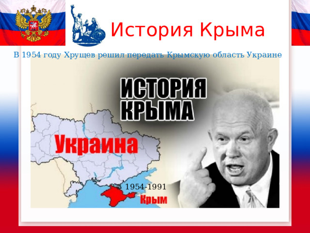 История Крыма В 1954 году Хрущев решил передать Крымскую область Украине 1954-1991 
