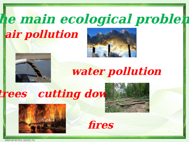 The main ecological problems: air pollution water pollution trees cutting down fires 