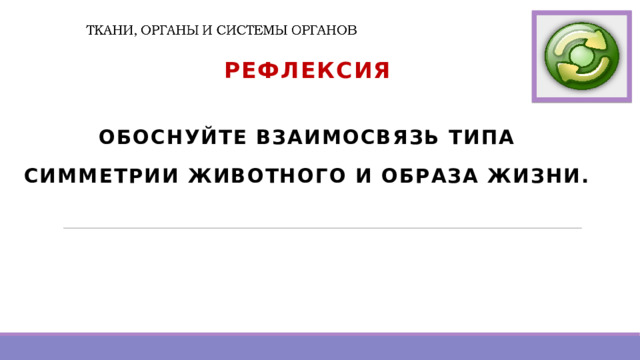 РЕФЛЕКСИя  ОБОСНУЙТЕ ВЗАИМОСВЯЗЬ ТИПА СИММЕТРИИ ЖИВОТНОГО И ОБРАЗА ЖИЗНИ.        