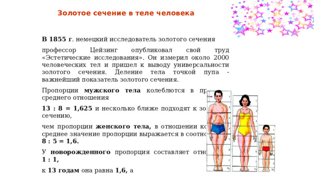 Золотое сечение в теле человека В 1855 г . немецкий исследователь золотого сечения профессор Цейзинг опубликовал свой труд «Эстетические исследования». Он измерил около 2000 человеческих тел и пришел к выводу универсальности золотого сечения. Деление тела точкой пупа - важнейший показатель золотого сечения. Пропорции мужского тела колеблются в пределах среднего отношения 13 : 8 = 1,625 и несколько ближе подходят к золотому сечению, чем пропорции женского тела, в отношении которого среднее значение пропорции выражается в соотношении 8 : 5 = 1,6. У новорожденного пропорция составляет отношение 1 : 1, к 13 годам она равна 1,6, а к 21 году равняется мужской. 