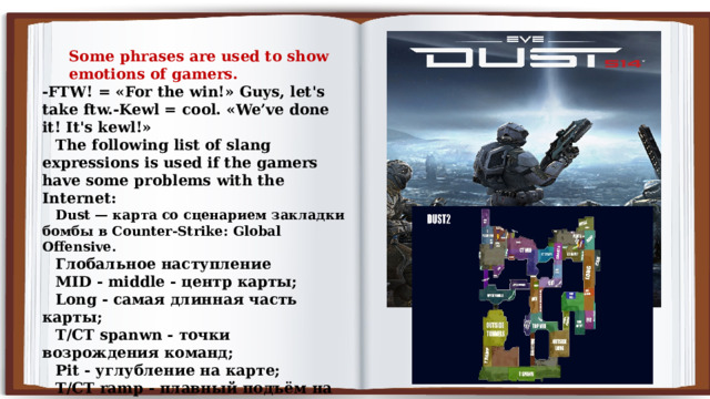 Some phrases are used to show emotions of gamers. -FTW! = «For the win!» Guys, let's take ftw.-Kewl = cool. «We’ve done it! It's kewl!» The following list of slang expressions is used if the gamers have some problems with the Internet: Dust — карта со сценарием закладки бомбы в Counter-Strike: Global Offensive. Глобальное наступление  MID - middle - центр карты; Long - самая длинная часть карты; T/CT spanwn - точки возрождения команд; Pit - углубление на карте; T/CT ramp - плавный подъём на карте; 