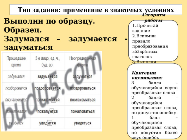 Выполни по образцу. Образец. Задумался – задумается - задуматься Алгоритм работы 1.  Прочитай задание 2.  Вспомни правило преобразования возвратных глаголов 3.  Выполни задание Критерии оценивания: 3 балла – обучающийся верно преобразовал слова 2 балла – обучающийся преобразовал слова, но допустил ошибку 1 балл – обучающийся преобразовал слова, но допустил более двух ошибок 0 баллов – обучающийся не выполнил задание 