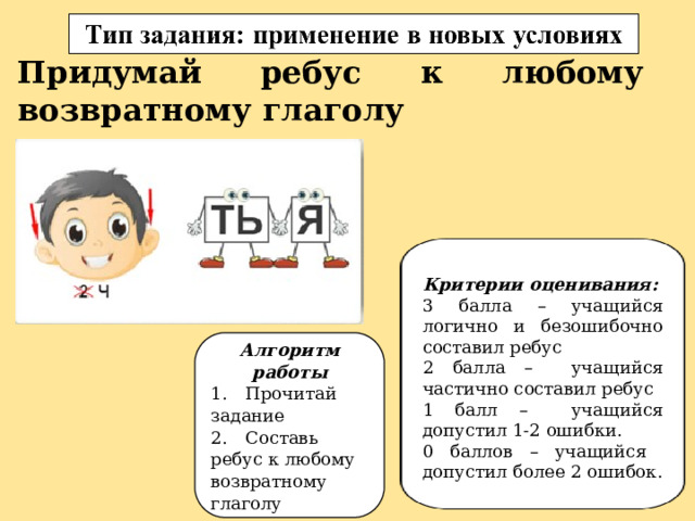 Придумай ребус к любому возвратному глаголу Критерии оценивания: 3 балла – учащийся логично и безошибочно составил ребус 2 балла – учащийся частично составил ребус 1 балл – учащийся допустил 1-2 ошибки. 0 баллов – учащийся допустил более 2 ошибок. Алгоритм работы 1.  Прочитай задание 2.  Составь ребус к любому возвратному глаголу 