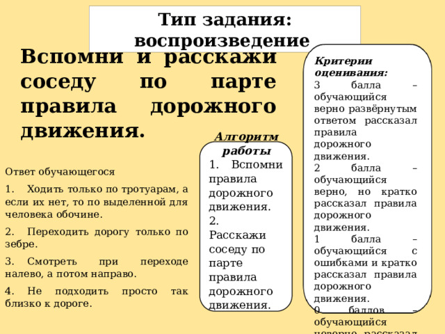 Тип задания: воспроизведение Вспомни и расскажи соседу по парте правила дорожного движения. Критерии оценивания: 3 балла – обучающийся верно развёрнутым ответом рассказал правила дорожного движения. 2 балла – обучающийся верно, но кратко рассказал правила дорожного движения. 1 балла – обучающийся с ошибками и кратко рассказал правила дорожного движения. 0 баллов – обучающийся неверно рассказал правила дорожного движения. Алгоритм работы 1.  Вспомни правила дорожного движения. 2.  Расскажи соседу по парте правила дорожного движения. Ответ обучающегося 1.  Ходить только по тротуарам, а если их нет, то по выделенной для человека обочине. 2.  Переходить дорогу только по зебре. 3.  Смотреть при переходе налево, а потом направо. 4.  Не подходить просто так близко к дороге.   