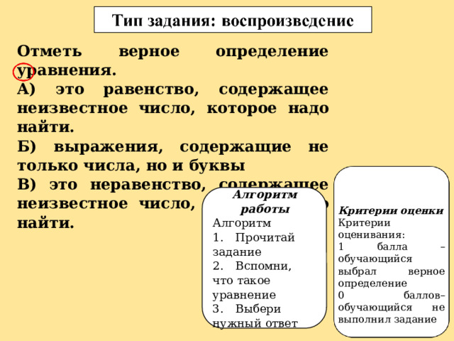 Отметь верное определение уравнения. А) это равенство, содержащее неизвестное число, которое надо найти. Б) выражения, содержащие не только числа, но и буквы В) это неравенство, содержащее неизвестное число, которое надо найти. Алгоритм работы Алгоритм 1.  Прочитай задание 2.  Вспомни, что такое уравнение 3.  Выбери нужный ответ Критерии оценки Критерии оценивания: 1 балла – обучающийся выбрал верное определение 0 баллов– обучающийся не выполнил задание 