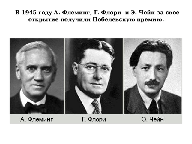  В 1945 году А. Флеминг, Г. Флори и Э. Чейн за свое открытие получили Нобелевскую премию.   