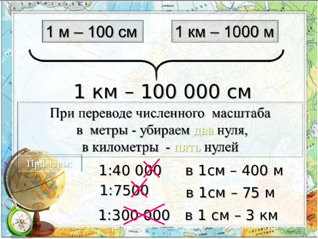 1 км – 100 000 см в 1см – 400 м 1:40 000 1:7500 в 1см – 75 м в 1 см – 3 км 1:300 000 