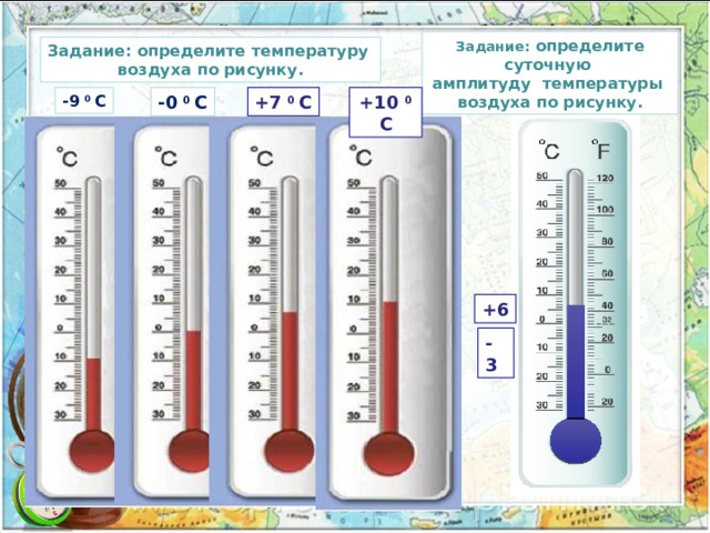 Задание: определите суточную амплитуду температуры воздуха по рисунку. Задание: определите температуру воздуха по рисунку. +7 0 С -0 0 С -9 0 С +10 0 С +6 - 3 