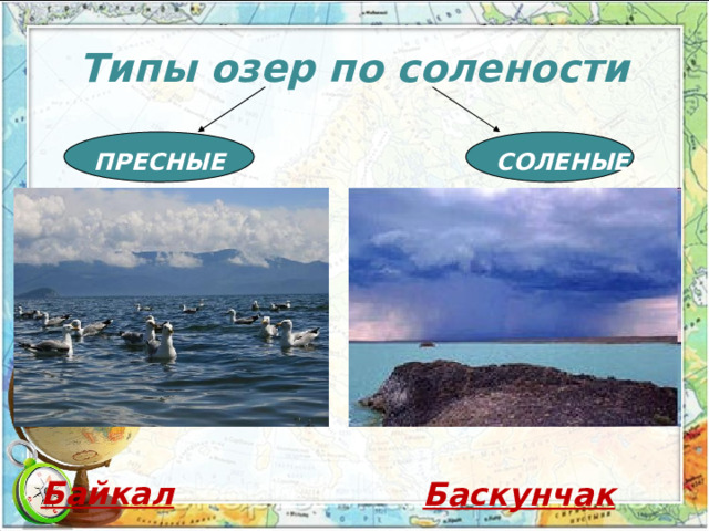 Типы озер по солености ПРЕСНЫЕ СОЛЕНЫЕ  Байкал  Баскунчак 